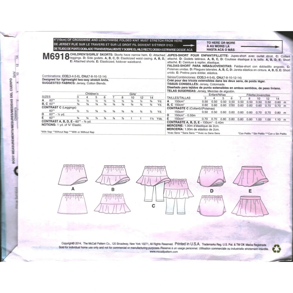 McCall's M6918 Childrens Girls Skorts Leggings Sewing Pattern Size 3-4-5-6 Easy